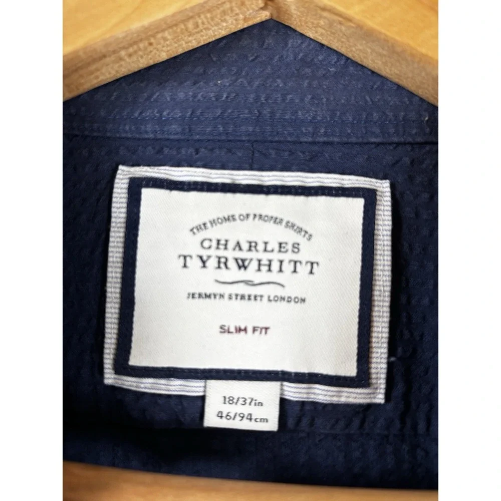 Charles Tyrwhitt Men's 18/37 Button Down L/Sl Shirt Navy Slim Fit Seer Sucker
